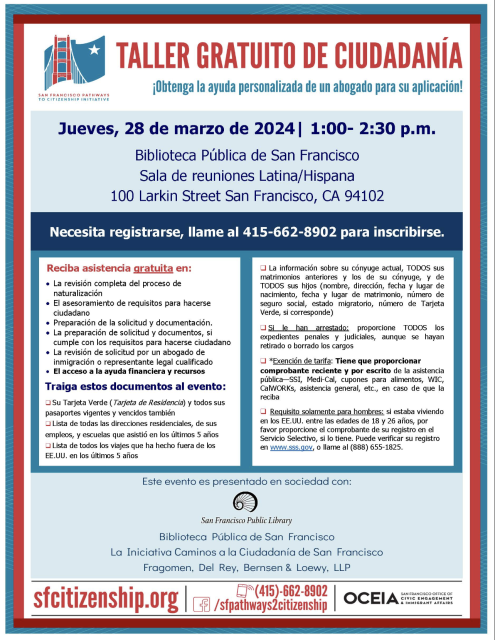 Spanish-language flyer for a free citizenship workshop at the san francisco public library on thursday, march 28, 2024, from 1:00–4:30 p.m.